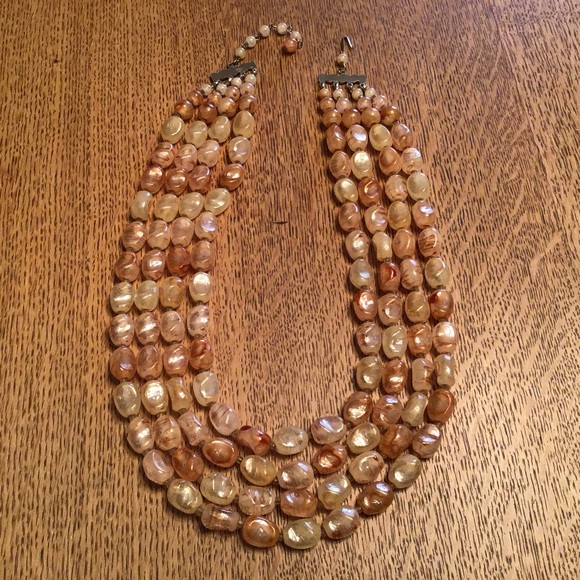 NECKLACE, 4 Strands, AMBER & CHAMPAGNE COLOR BEADS - Picture 6 of 8